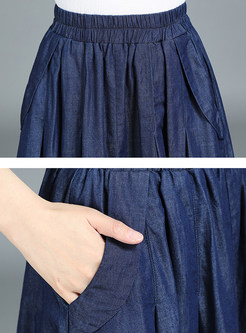 Blue Elastic Waist Denim Skirt