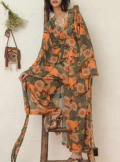 Bohemian Floral Print Batwing Sleeve Two-piece Outfits