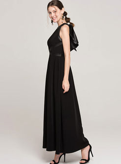 Stylish Black Bowknot Waist Maxi Night Dress