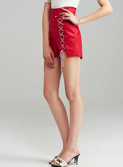 Red Stylish High Waist Lace-up Shorts