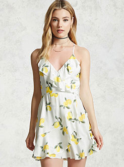 Street Lemon Print Hollow Out Slip Dress