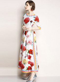 Chic Rose Print Half Sleeve Prom Dress