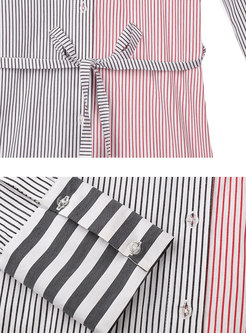 Fashion Color-matched Striped Asymmetric Hem Blouse