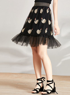 Street Swan Embroidery Elastic Waist Skirt