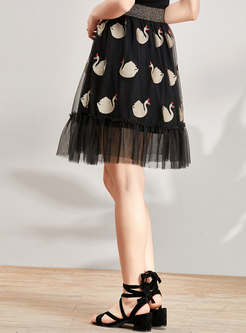 Street Swan Embroidery Elastic Waist Skirt
