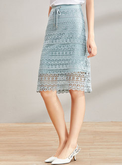 Blue Lace Hollow Slim Skirt