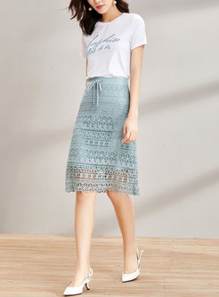 Blue Lace Hollow Slim Skirt