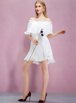 White Off Shoulder Waist Mini A Line Dress