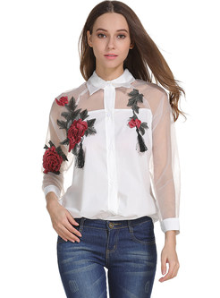 White Stereoscopic Embroidered Perspective Blouse