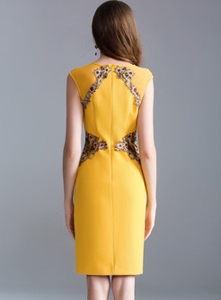 Yellow Sleeveless Embroidered Bodycon Dress