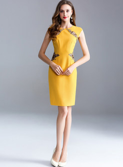 Yellow Sleeveless Embroidered Bodycon Dress