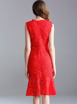 Red Sleeveless Lace Party Dress