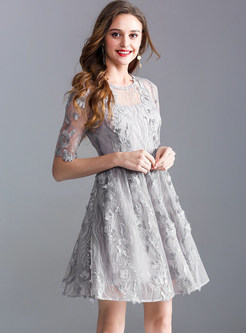 Grey Lace Perspective A Line Dress