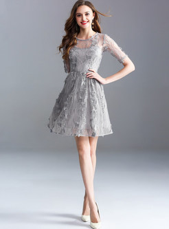 Grey Lace Perspective A Line Dress