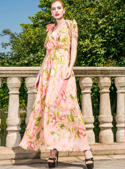 Sweet Flower Print Big Hem Maxi Dress