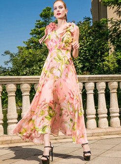 Sweet Flower Print Big Hem Maxi Dress