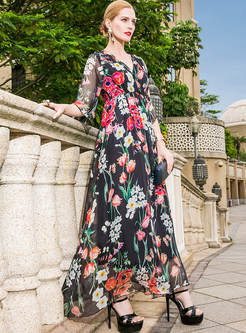 Floral Print Flare Sleeve Silk Maxi Dress