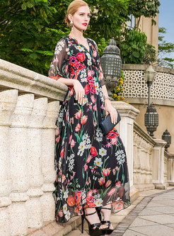 Floral Print Flare Sleeve Silk Maxi Dress