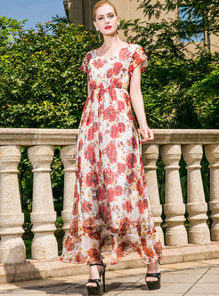 Chic Silk Flower Print Maxi Dress