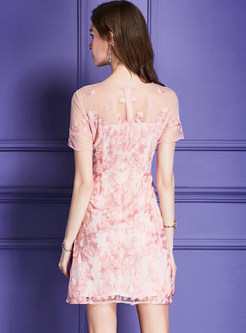 Pink Mesh Embroidered Sheath Dress