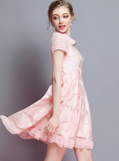 Pink Embroidered Short Sleeve Skater Dress