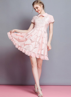 Pink Embroidered Short Sleeve Skater Dress