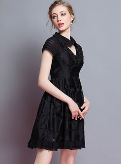Black Embroidered Lapel A Line Dress