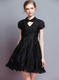 Black Embroidered Lapel A Line Dress