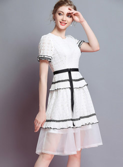 White Hollow Out Gathered Waist Dress