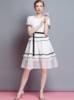 White Hollow Out Gathered Waist Dress