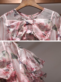 Flower Print Bowknot Blouse With Tanks