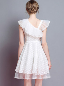 White Dot Print Falbala A Line Dress