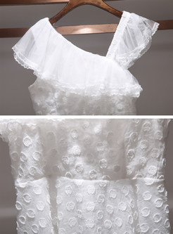 White Dot Print Falbala A Line Dress