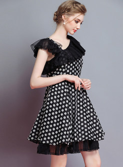 Black Dot Print Asymmetric A Line Dress