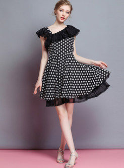 Black Dot Print Asymmetric A Line Dress