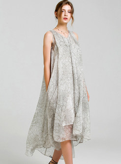 Sweet Silk Sleeveless Asymmetric Dresswith Underskirt