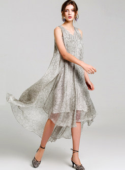 Sweet Silk Sleeveless Asymmetric Dresswith Underskirt