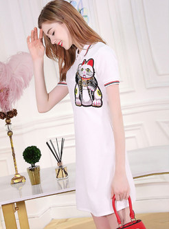White Cat Pattern T-shirt Dress