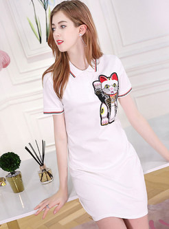 White Cat Pattern T-shirt Dress