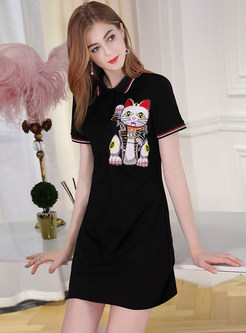 Black Cute Cartoon Lapel T-shirt Dress