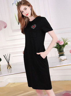 Black Nail Bead Short Sleeve T-shirt Dress
