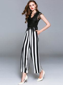 Chic V-neck Monochrome Embroidery Jumpsuits