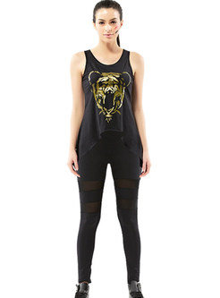 Black Print Sleeveless Asymmetric Top & Sport Pants
