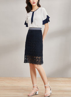 Navy Lace High Waist Slim Skirt 