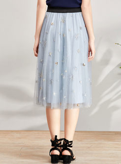 Sweet Gauze Embroidery Elastic Waist A Line Skirt 
