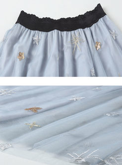 Sweet Gauze Embroidery Elastic Waist A Line Skirt 