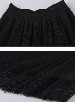 Black Mesh Stitching Big Hem Skirt 