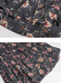Chiffon Lapel Floral Print Shirt Dress