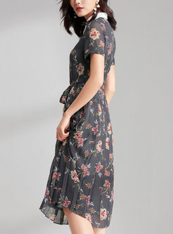Chiffon Lapel Floral Print Shirt Dress