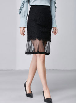 Black Lace Gauze Stitching A Line Skirt 